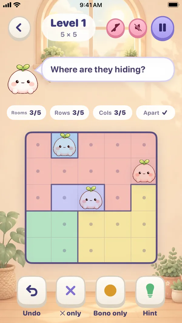 A Bonodoku level: a five by five grid of colored rooms with three Bonos found and dots marking the spots they rule out